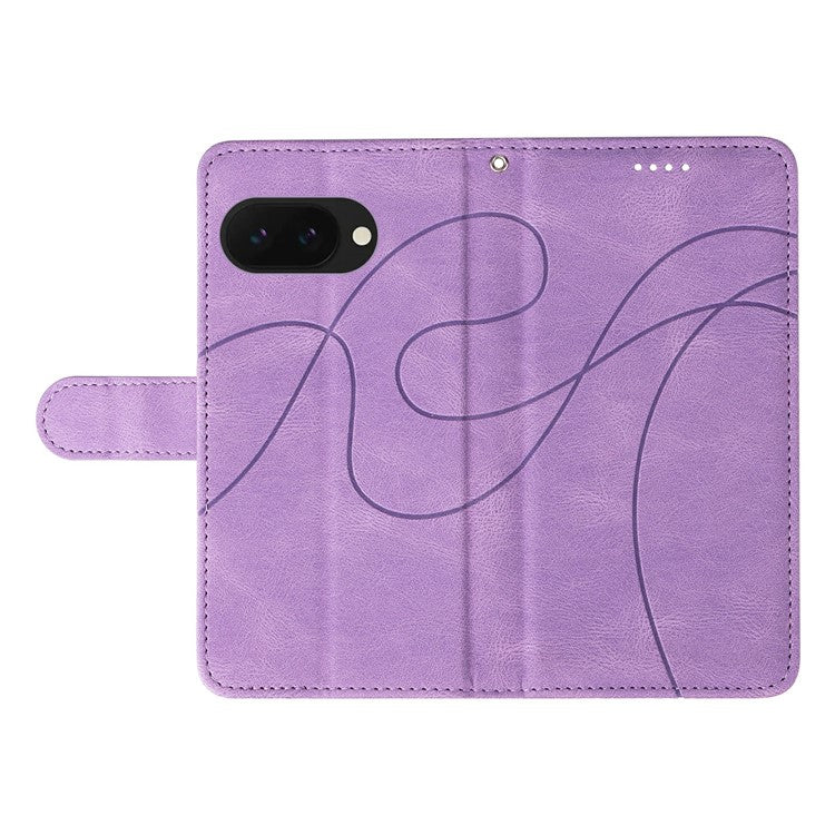 For Google Pixel 9a Case Stand Wallet Leather Phone Cover Curved Line Wrist Strap - Light Purple