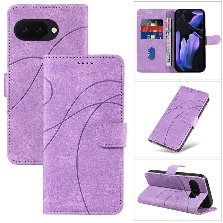 For Google Pixel 9a Case Stand Wallet Leather Phone Cover Curved Line Wrist Strap - Light Purple