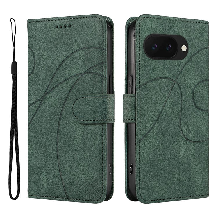 For Google Pixel 9a Case Stand Wallet Leather Phone Cover Curved Line Wrist Strap - Green