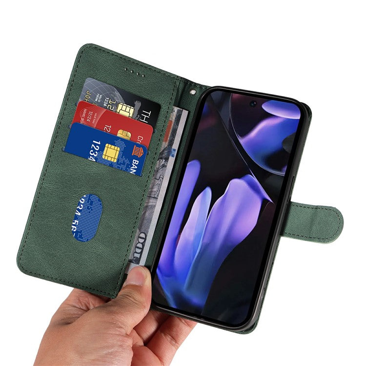 For Google Pixel 9a Case Stand Wallet Leather Phone Cover Curved Line Wrist Strap - Green