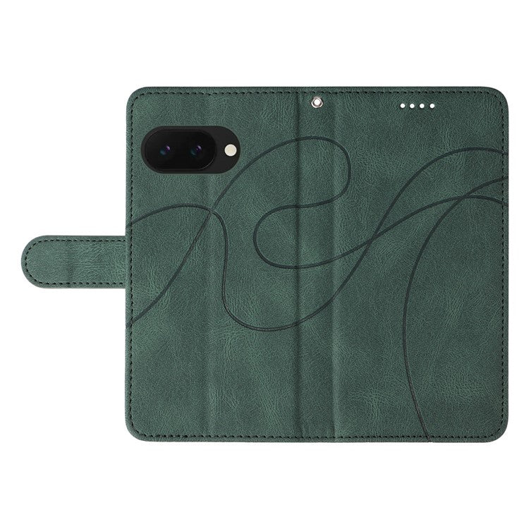 For Google Pixel 9a Case Stand Wallet Leather Phone Cover Curved Line Wrist Strap - Green