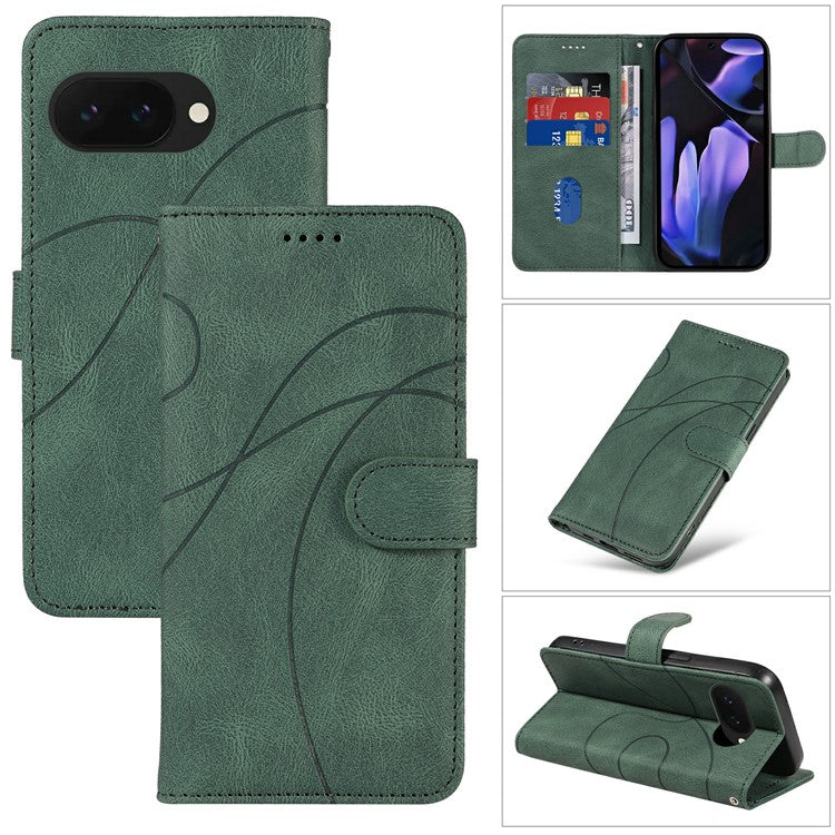 For Google Pixel 9a Case Stand Wallet Leather Phone Cover Curved Line Wrist Strap - Green