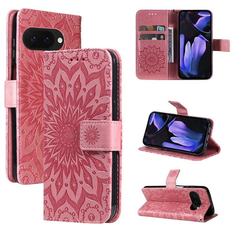 For Google Pixel 9a Case Sunflower Leather Wallet Phone Cover - Pink