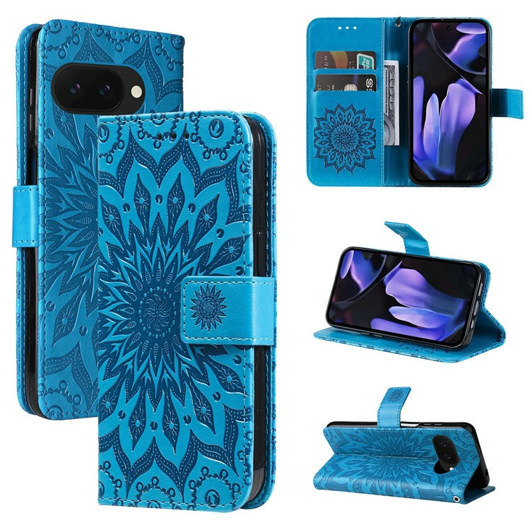 For Google Pixel 9a Case Sunflower Leather Wallet Phone Cover - Blue