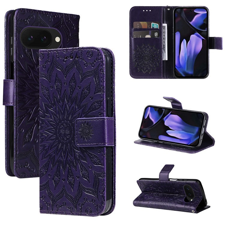 For Google Pixel 9a Case Sunflower Leather Wallet Phone Cover - Purple