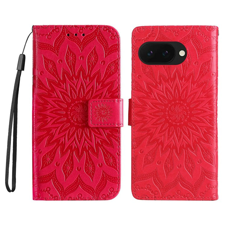 For Google Pixel 9a Case Sunflower Leather Wallet Phone Cover - Red