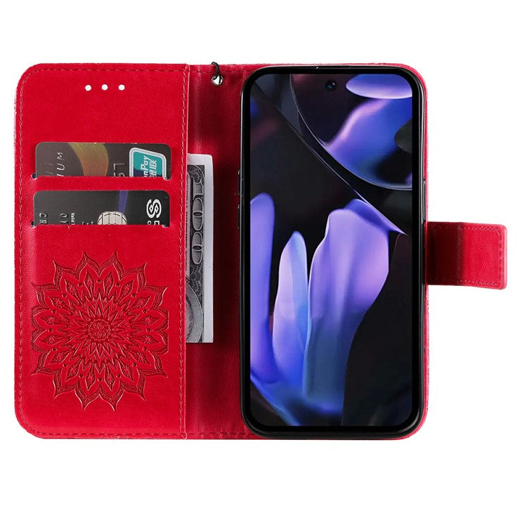 For Google Pixel 9a Case Sunflower Leather Wallet Phone Cover - Red