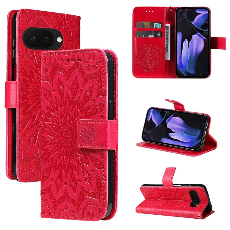 For Google Pixel 9a Case Sunflower Leather Wallet Phone Cover - Red