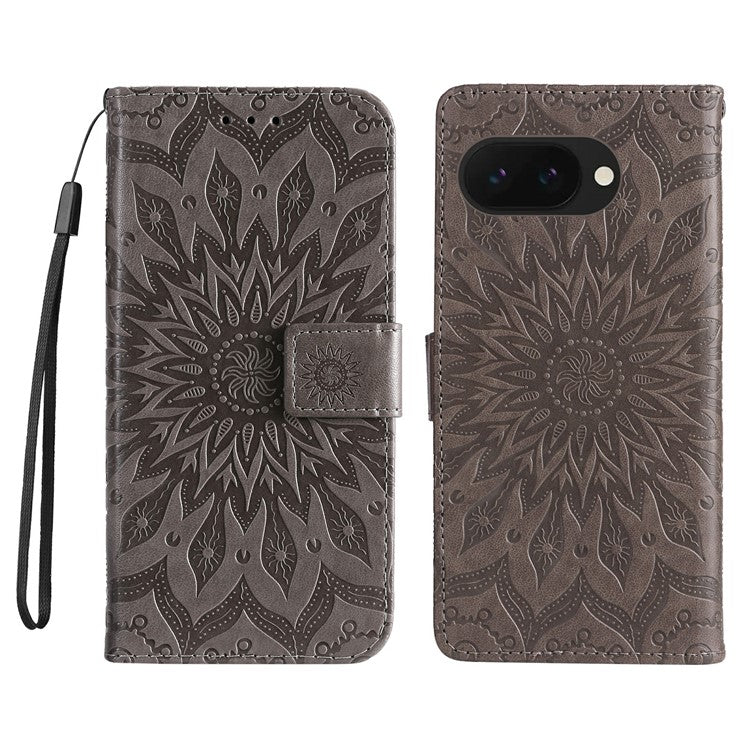 For Google Pixel 9a Case Sunflower Leather Wallet Phone Cover - Grey