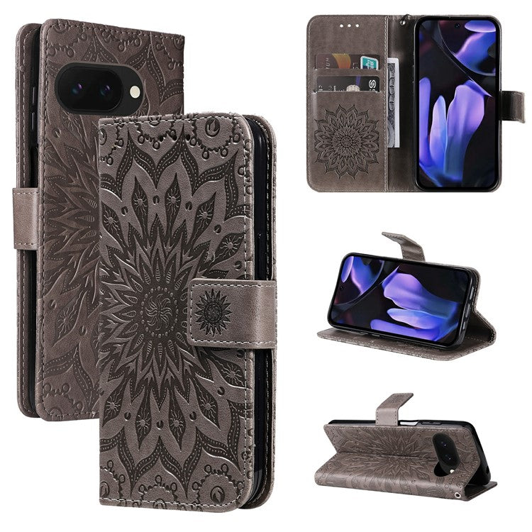 For Google Pixel 9a Case Sunflower Leather Wallet Phone Cover - Grey