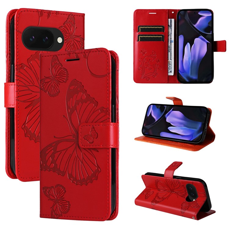 For Google Pixel 9a Case Butterfly Leather Phone Cover  - Red