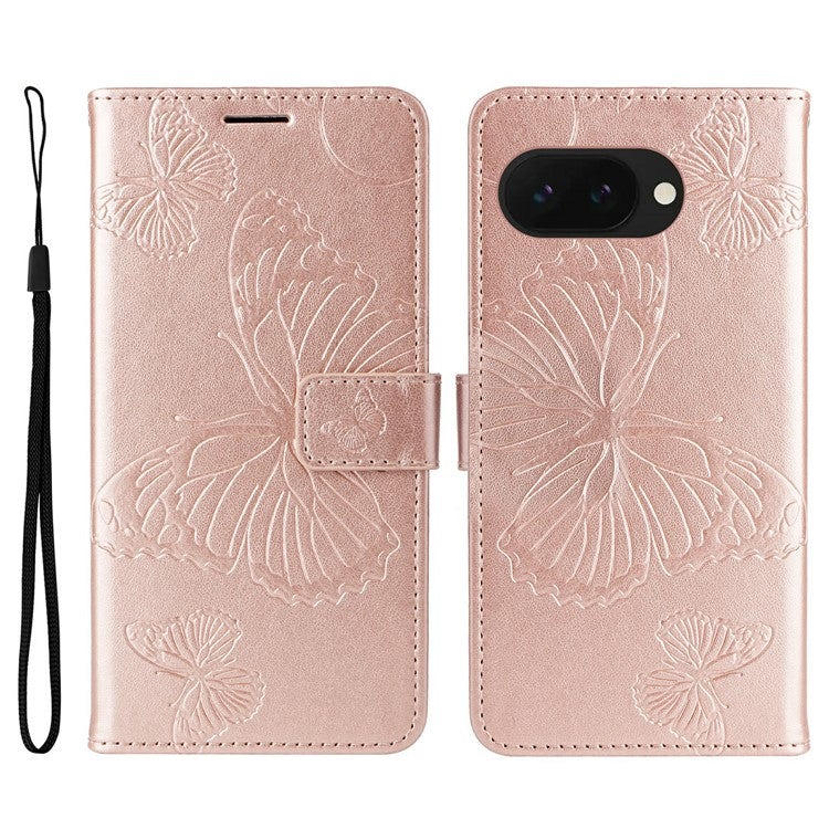 For Google Pixel 9a Case Butterfly Leather Phone Cover  - Rose Gold