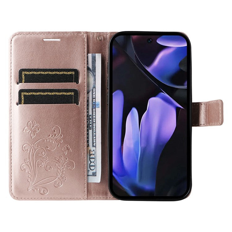 For Google Pixel 9a Case Butterfly Leather Phone Cover  - Rose Gold