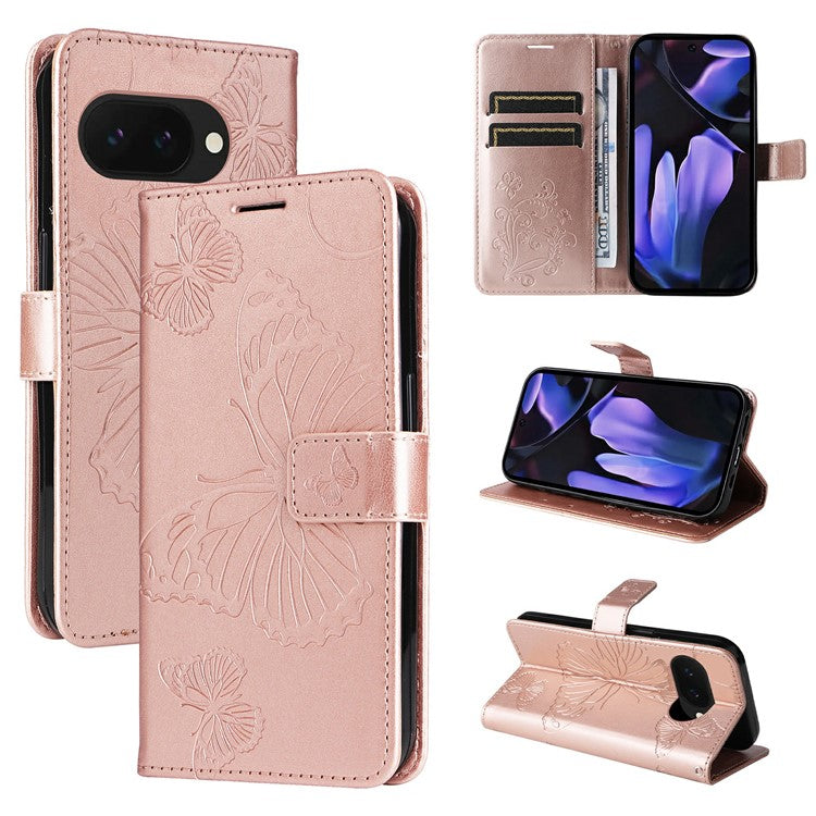 For Google Pixel 9a Case Butterfly Leather Phone Cover  - Rose Gold