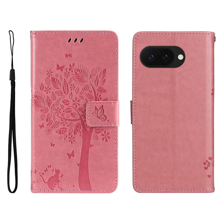 For Google Pixel 9a Case Cat Tree Pattern Flip Leather Phone Cover - Pink