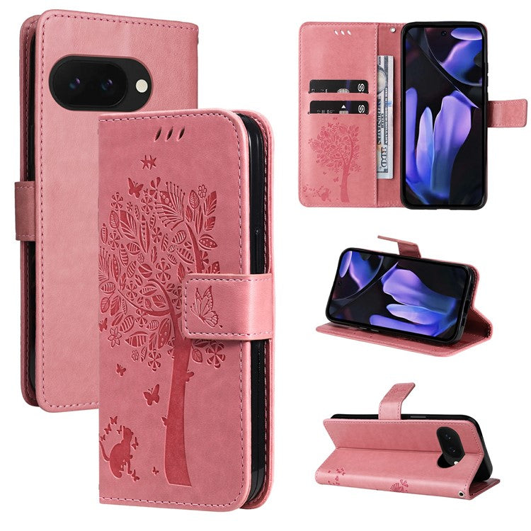 For Google Pixel 9a Case Cat Tree Pattern Flip Leather Phone Cover - Pink