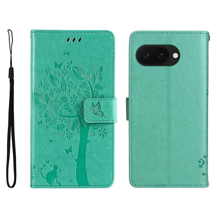 For Google Pixel 9a Case Cat Tree Pattern Flip Leather Phone Cover - Green