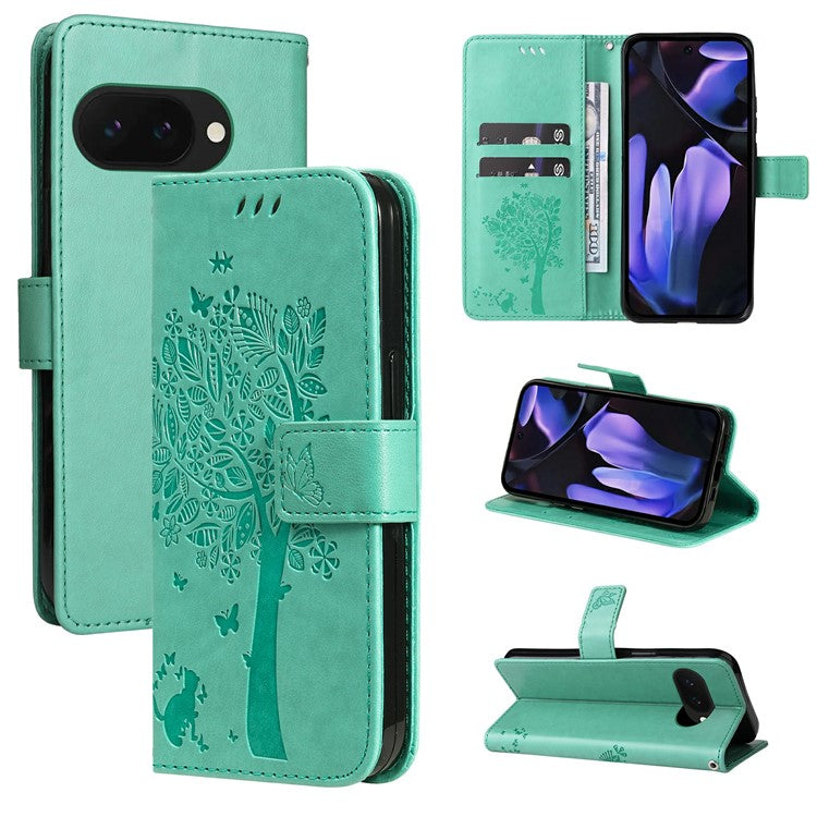 For Google Pixel 9a Case Cat Tree Pattern Flip Leather Phone Cover - Green