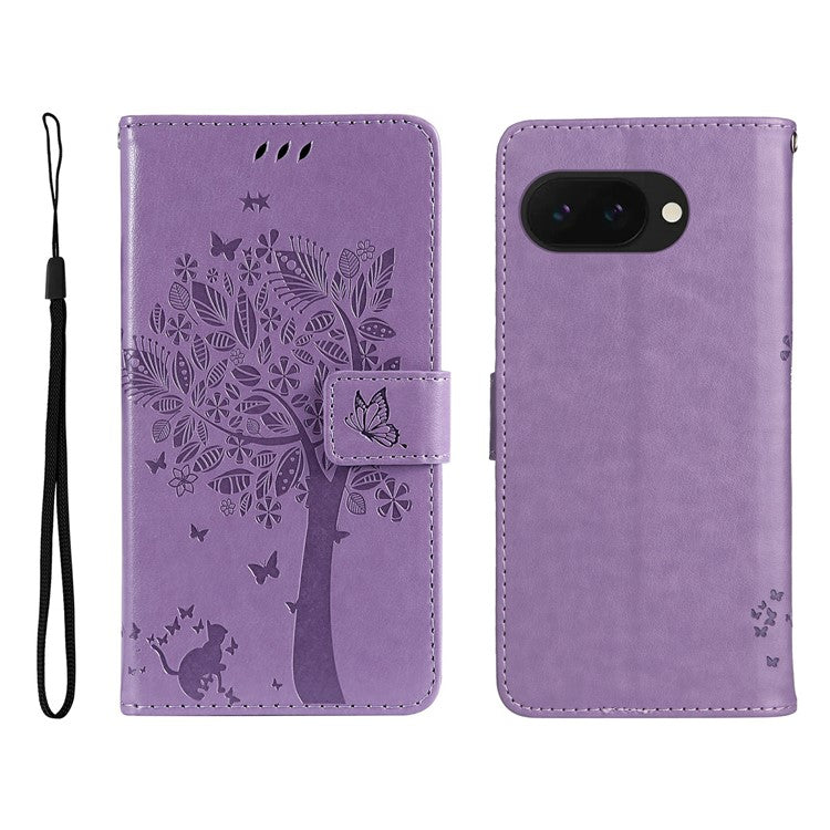 For Google Pixel 9a Case Cat Tree Pattern Flip Leather Phone Cover - Light Purple