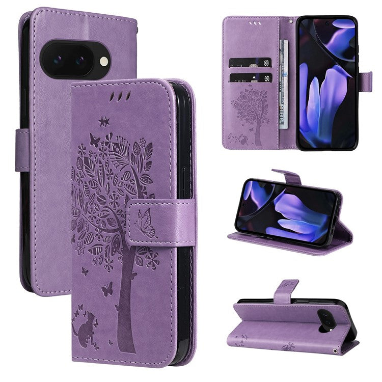 For Google Pixel 9a Case Cat Tree Pattern Flip Leather Phone Cover - Light Purple