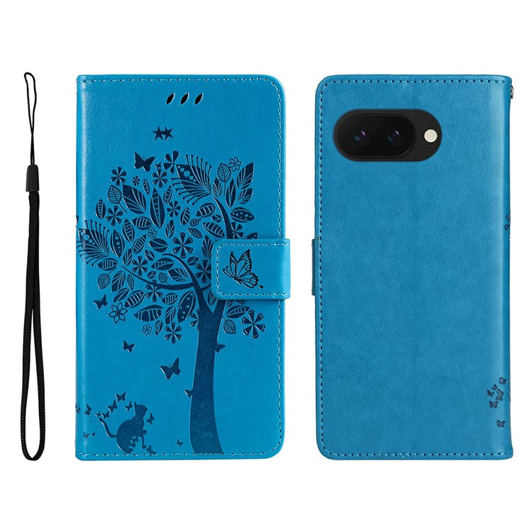 For Google Pixel 9a Case Cat Tree Pattern Flip Leather Phone Cover - Blue