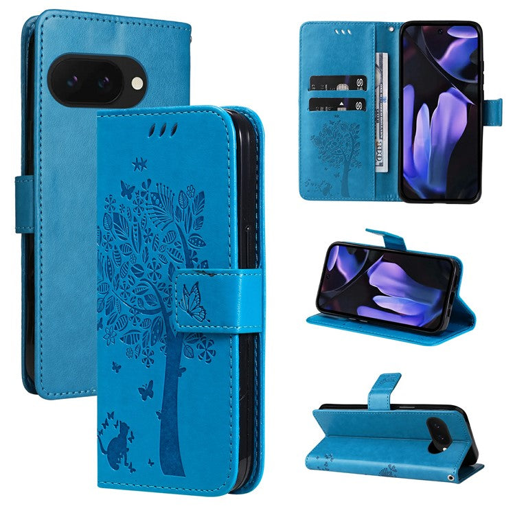 For Google Pixel 9a Case Cat Tree Pattern Flip Leather Phone Cover - Blue