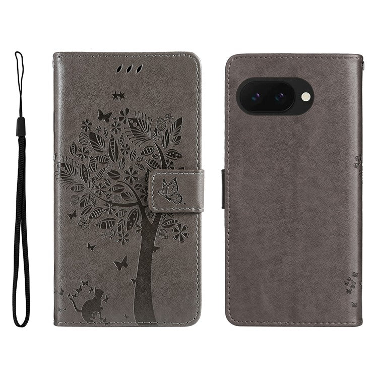 For Google Pixel 9a Case Cat Tree Pattern Flip Leather Phone Cover - Grey