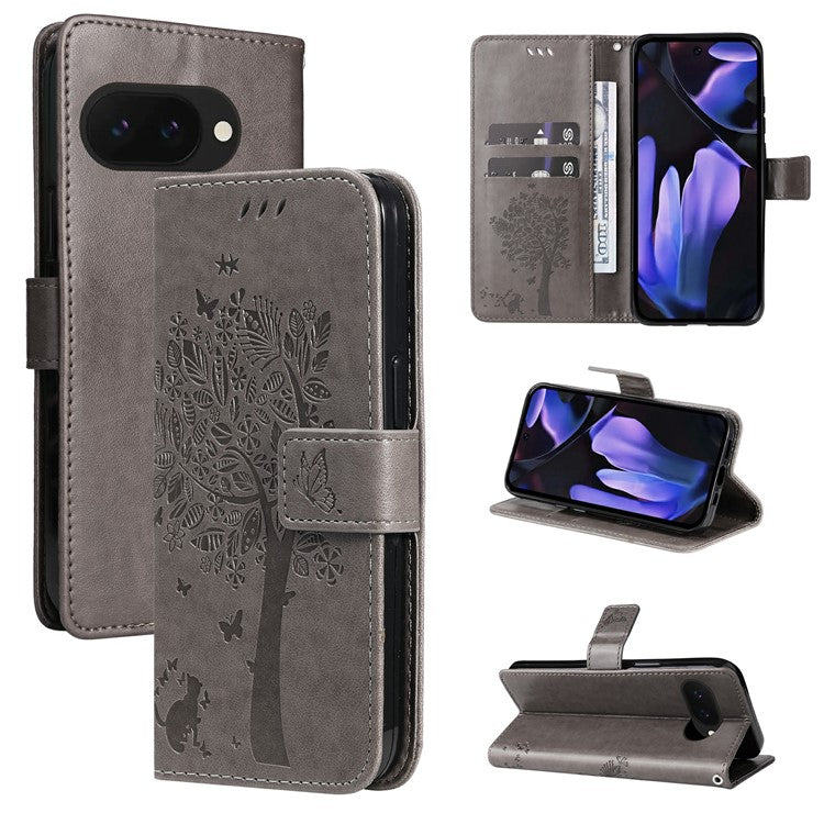 For Google Pixel 9a Case Cat Tree Pattern Flip Leather Phone Cover - Grey