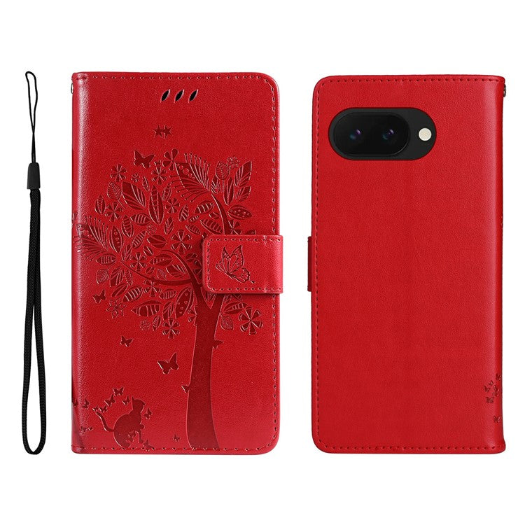 For Google Pixel 9a Case Cat Tree Pattern Flip Leather Phone Cover - Red