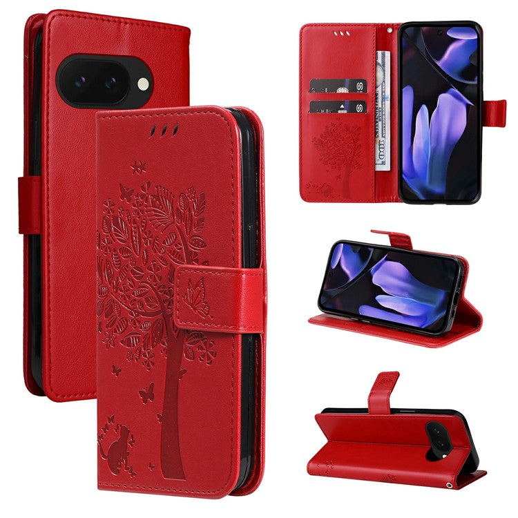 For Google Pixel 9a Case Cat Tree Pattern Flip Leather Phone Cover - Red