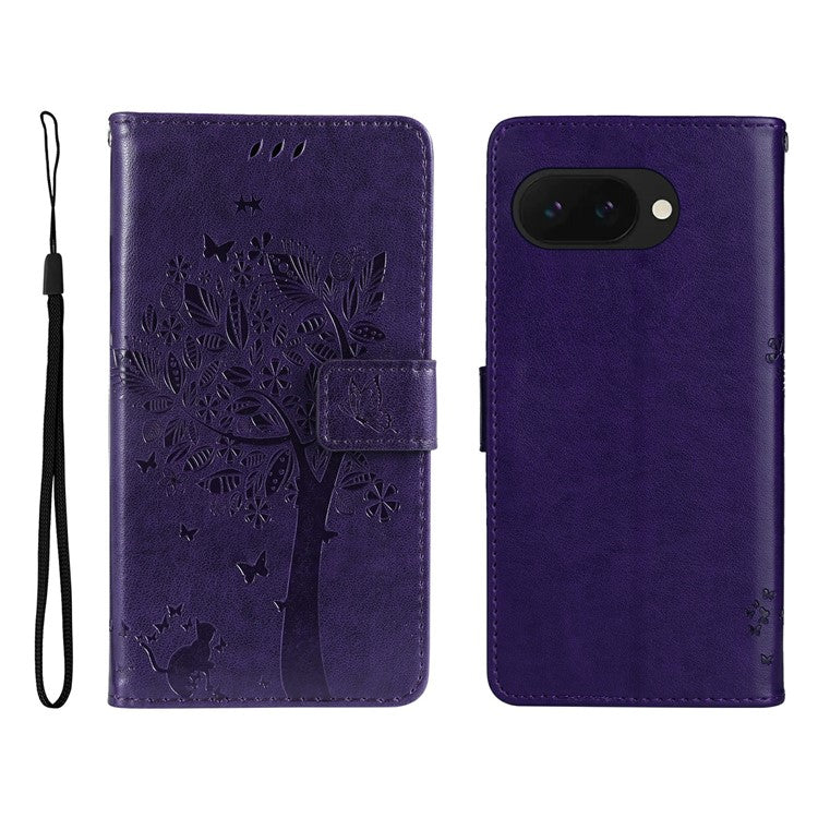 For Google Pixel 9a Case Cat Tree Pattern Flip Leather Phone Cover - Purple