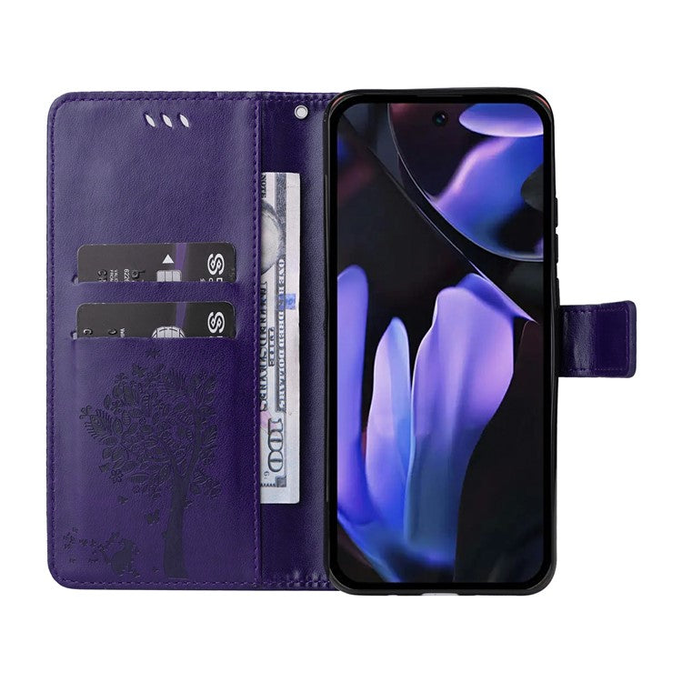 For Google Pixel 9a Case Cat Tree Pattern Flip Leather Phone Cover - Purple