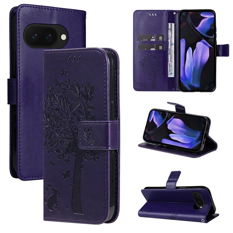 For Google Pixel 9a Case Cat Tree Pattern Flip Leather Phone Cover - Purple