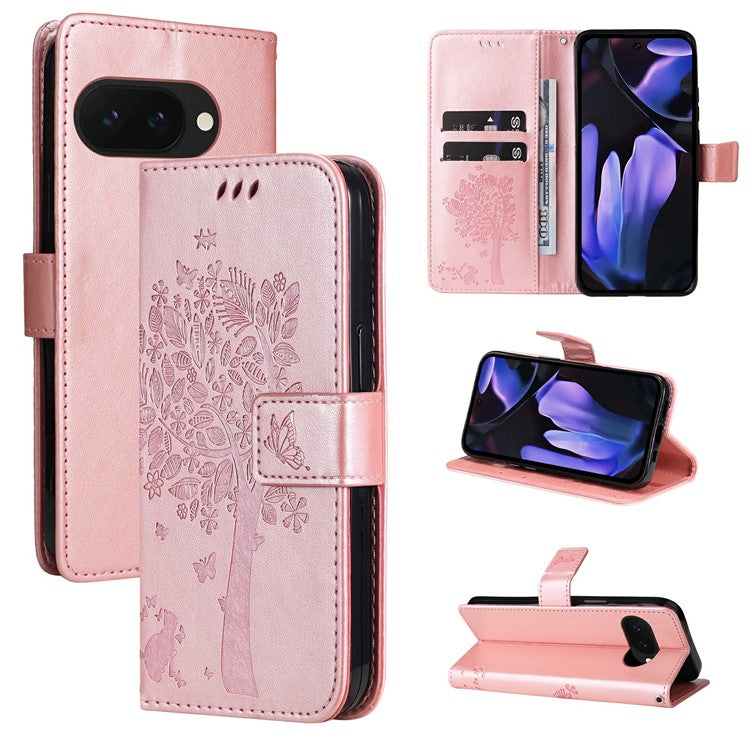 For Google Pixel 9a Case Cat Tree Pattern Flip Leather Phone Cover - Rose Gold