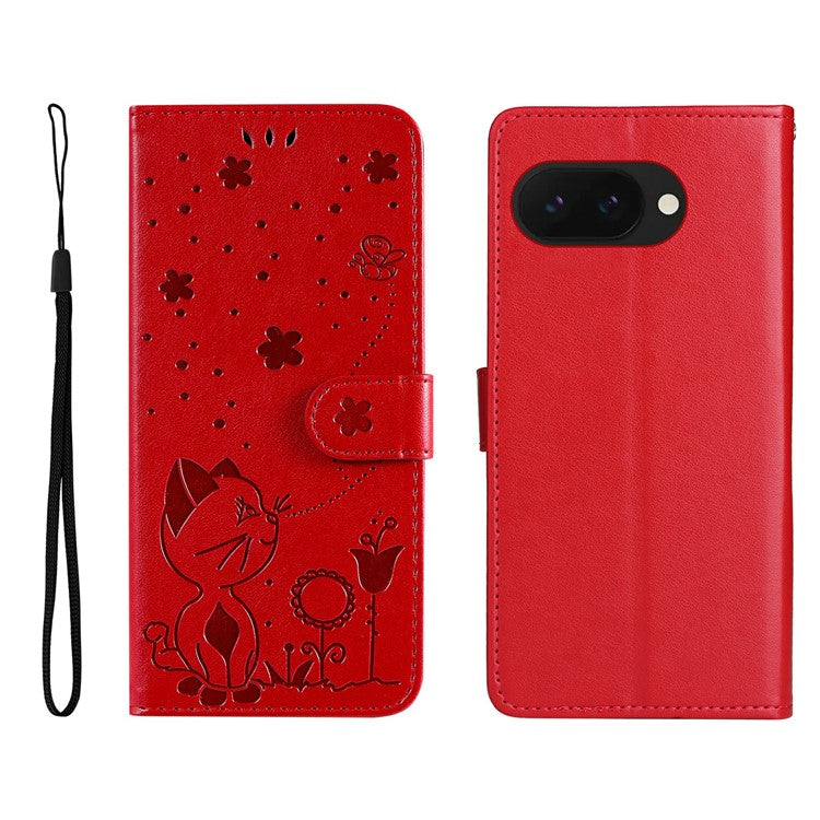 For Google Pixel 9a Case Cat Bee Pattern Leather Phone Cover - Red