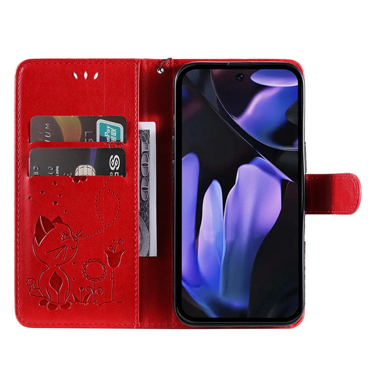 For Google Pixel 9a Case Cat Bee Pattern Leather Phone Cover - Red