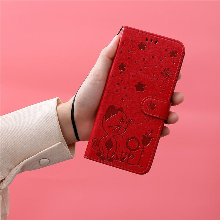 For Google Pixel 9a Case Cat Bee Pattern Leather Phone Cover - Red