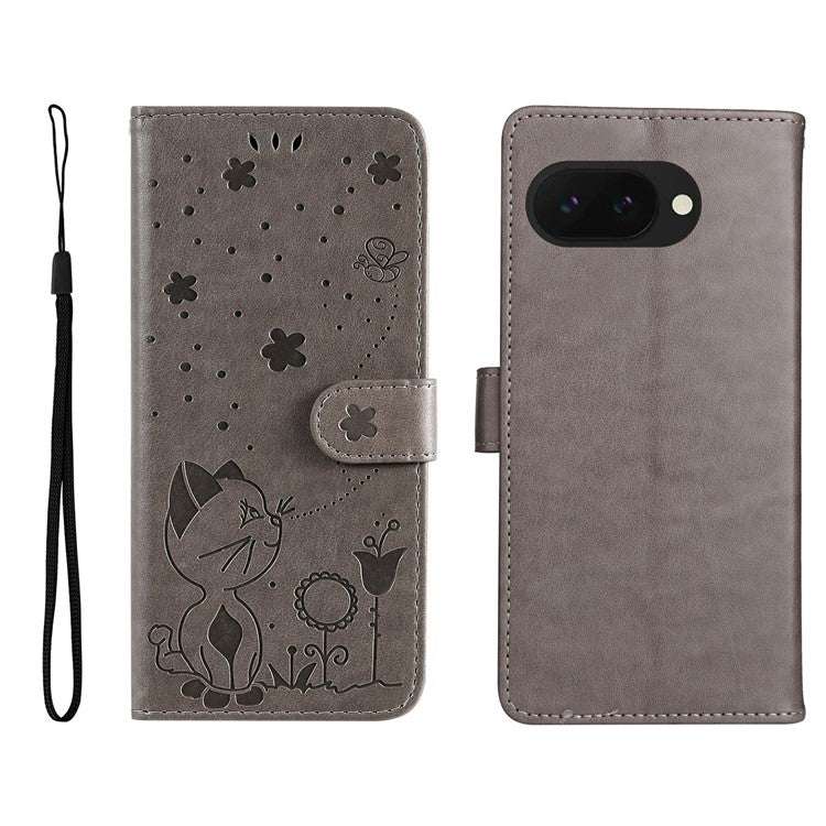 For Google Pixel 9a Case Cat Bee Pattern Leather Phone Cover - Grey