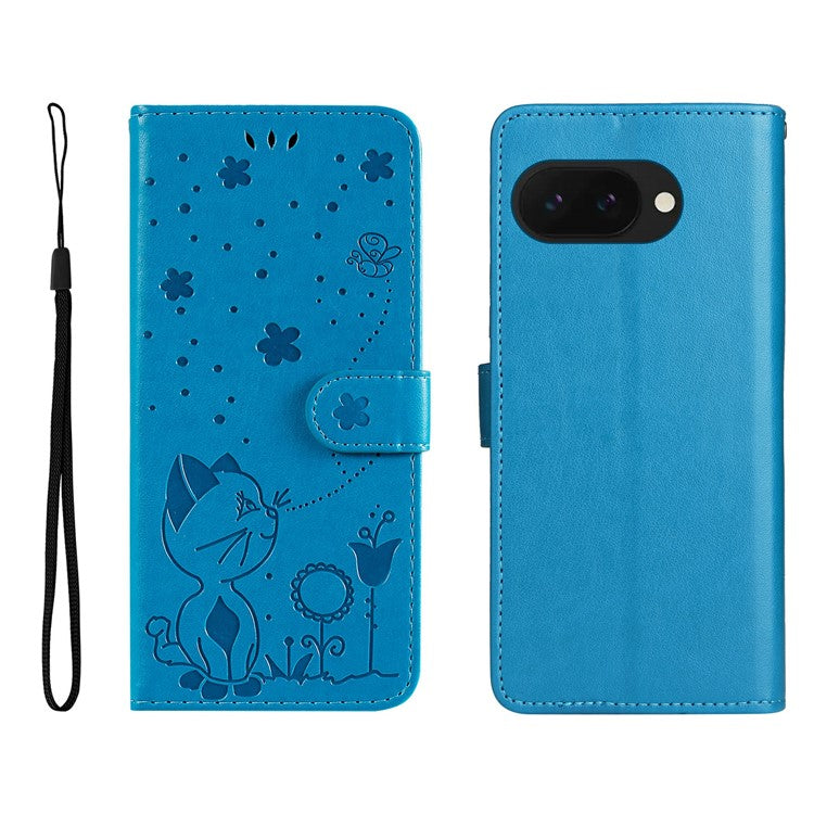 For Google Pixel 9a Case Cat Bee Pattern Leather Phone Cover - Blue