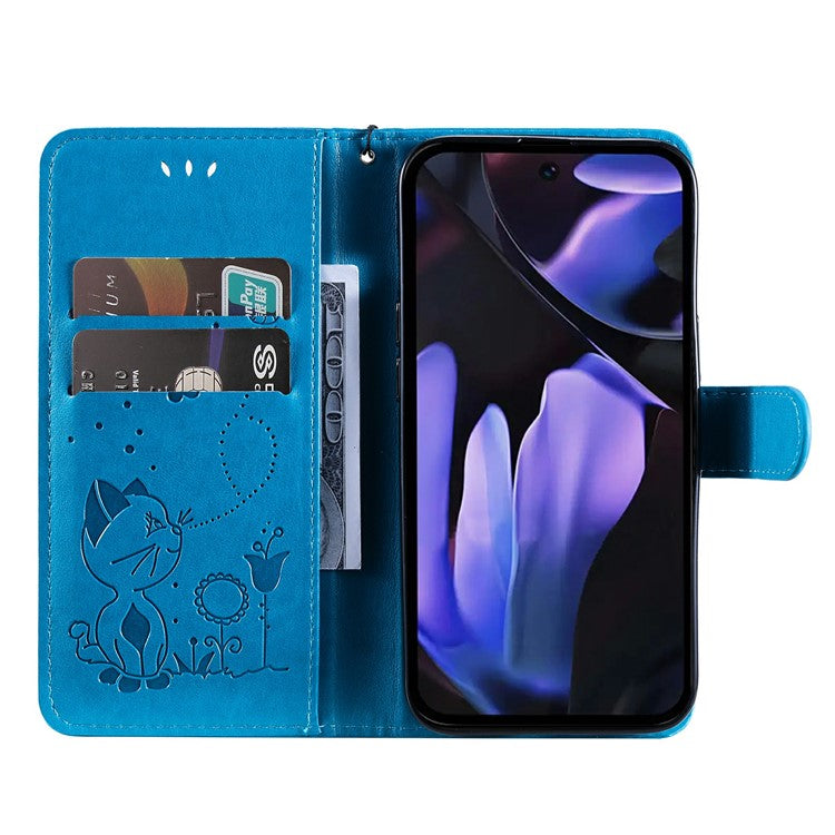 For Google Pixel 9a Case Cat Bee Pattern Leather Phone Cover - Blue