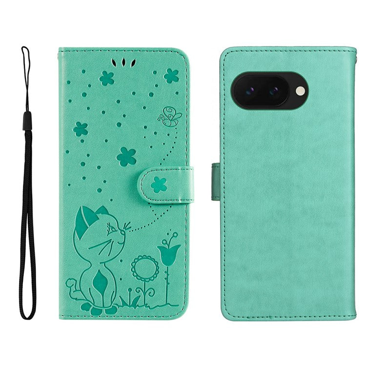 For Google Pixel 9a Case Cat Bee Pattern Leather Phone Cover - Green