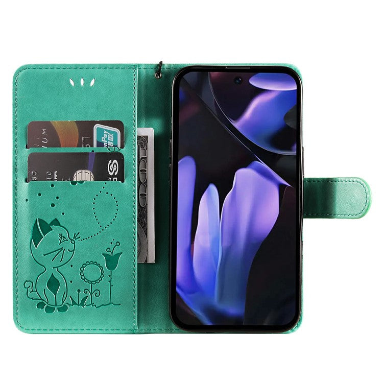 For Google Pixel 9a Case Cat Bee Pattern Leather Phone Cover - Green