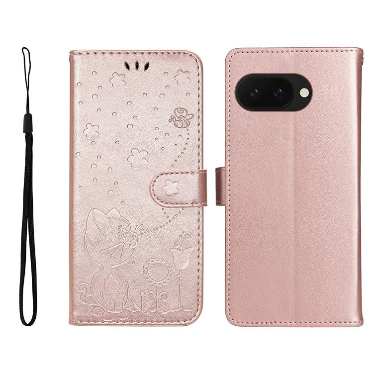 For Google Pixel 9a Case Cat Bee Pattern Leather Phone Cover - Rose Gold