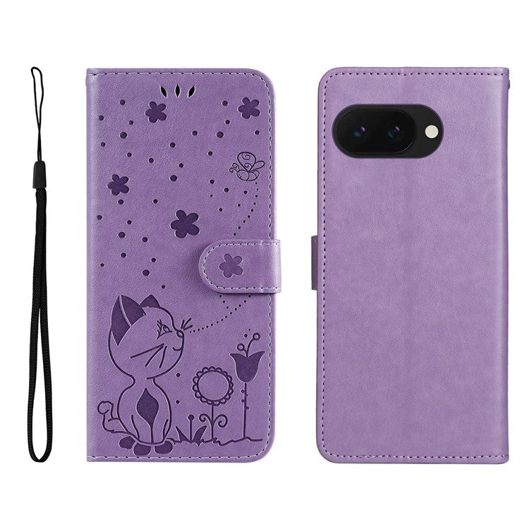 For Google Pixel 9a Case Cat Bee Pattern Leather Phone Cover - Light Purple