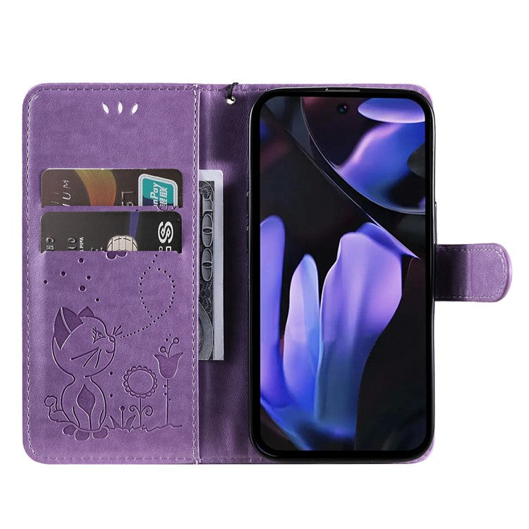 For Google Pixel 9a Case Cat Bee Pattern Leather Phone Cover - Light Purple