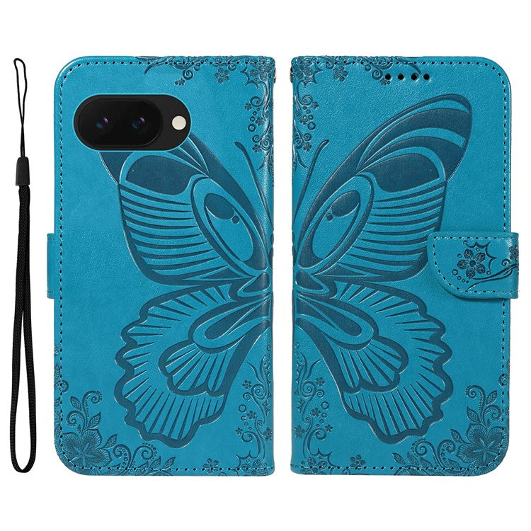 For Google Pixel 9a Case Butterfly Pattern Leather Wallet Flip Phone Cover - Blue