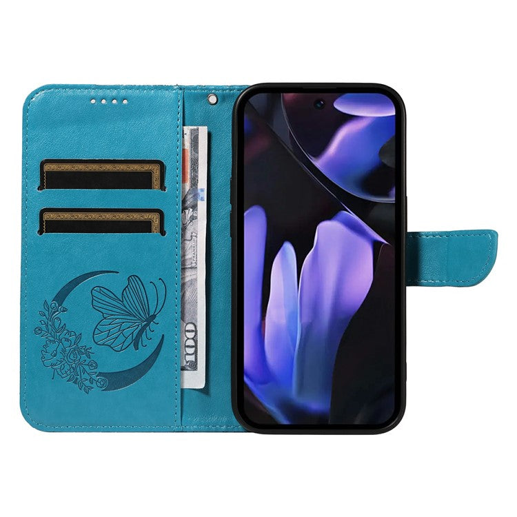 For Google Pixel 9a Case Butterfly Pattern Leather Wallet Flip Phone Cover - Blue