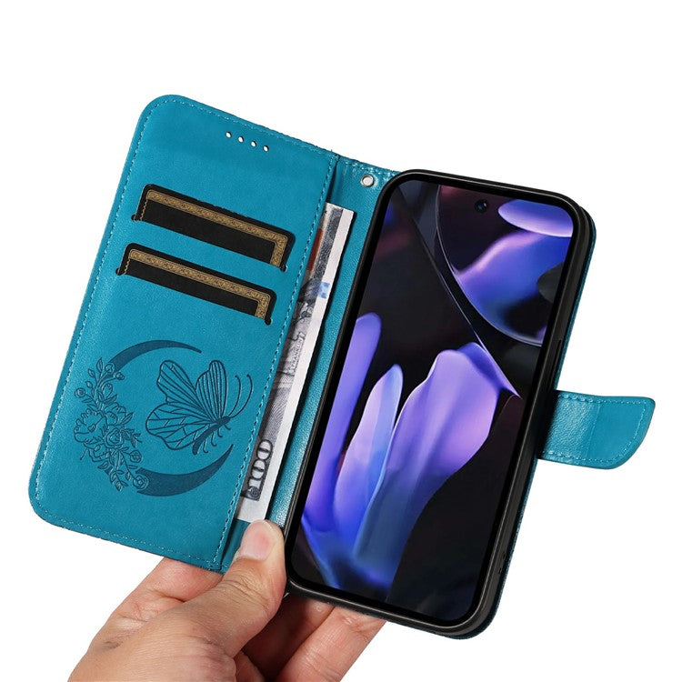 For Google Pixel 9a Case Butterfly Pattern Leather Wallet Flip Phone Cover - Blue