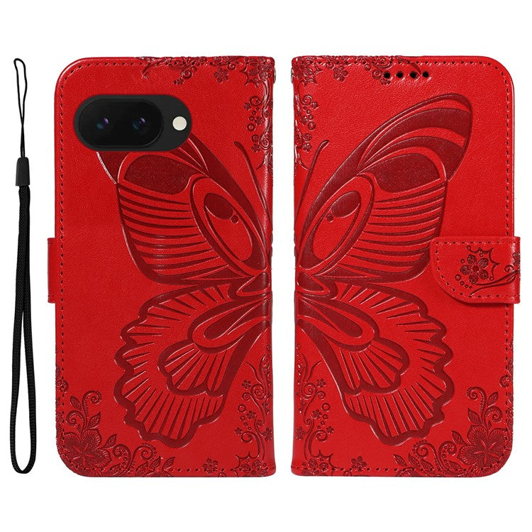 For Google Pixel 9a Case Butterfly Pattern Leather Wallet Flip Phone Cover - Red