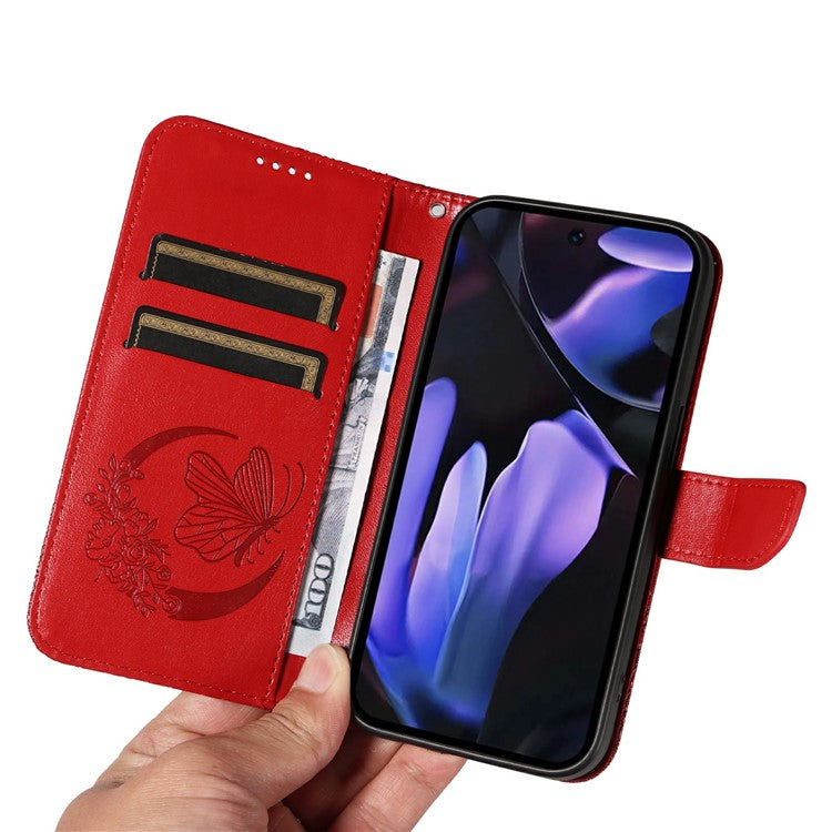 For Google Pixel 9a Case Butterfly Pattern Leather Wallet Flip Phone Cover - Red